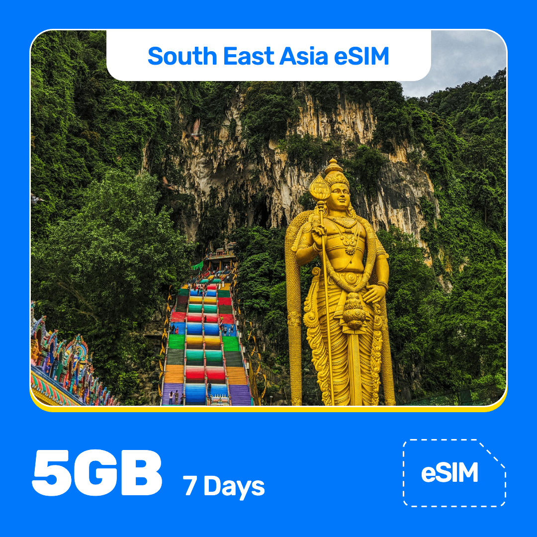 South East Asia eSIM product banner featuring a giant golden statue beside a colorful staircase leading up the hill to the Batu Caves temple in Malaysia. Blue “South East Asia eSIM” text appears at the top, with large white “5GB for 7 Days” text at the bottom left and an “eSIM” label at the bottom right.