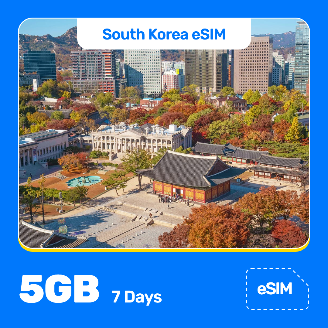 South Korea eSIM product banner featuring the aerial view of Deoksugung Palace and Seoul City Hall in autumn, ringed by colorful fall leaves and modern city buildings. Blue “South Korea eSIM” text appears at the top, with large white “5GB for 7 Days” text at the bottom left and an “eSIM” label at the bottom right.