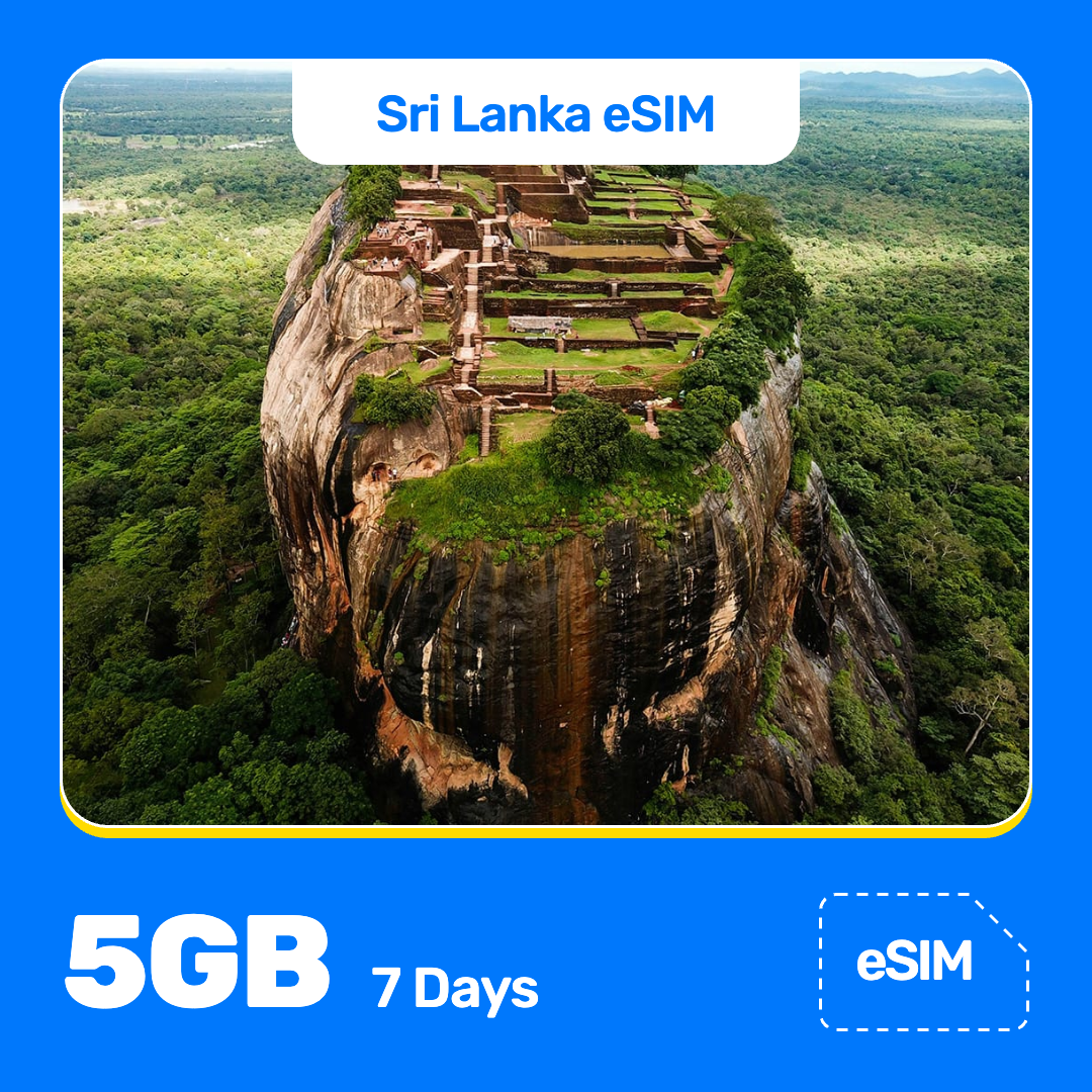 Sri Lanka eSIM product banner featuring Sigiriya Lion Rock, an ancient rock fortress with terraces, walls, and stairways, rises above green jungle. Blue “Sri Lanka eSIM” text appears at the top, with large white “5GB for 7 Days” text at the bottom left and an “eSIM” label at the bottom right.