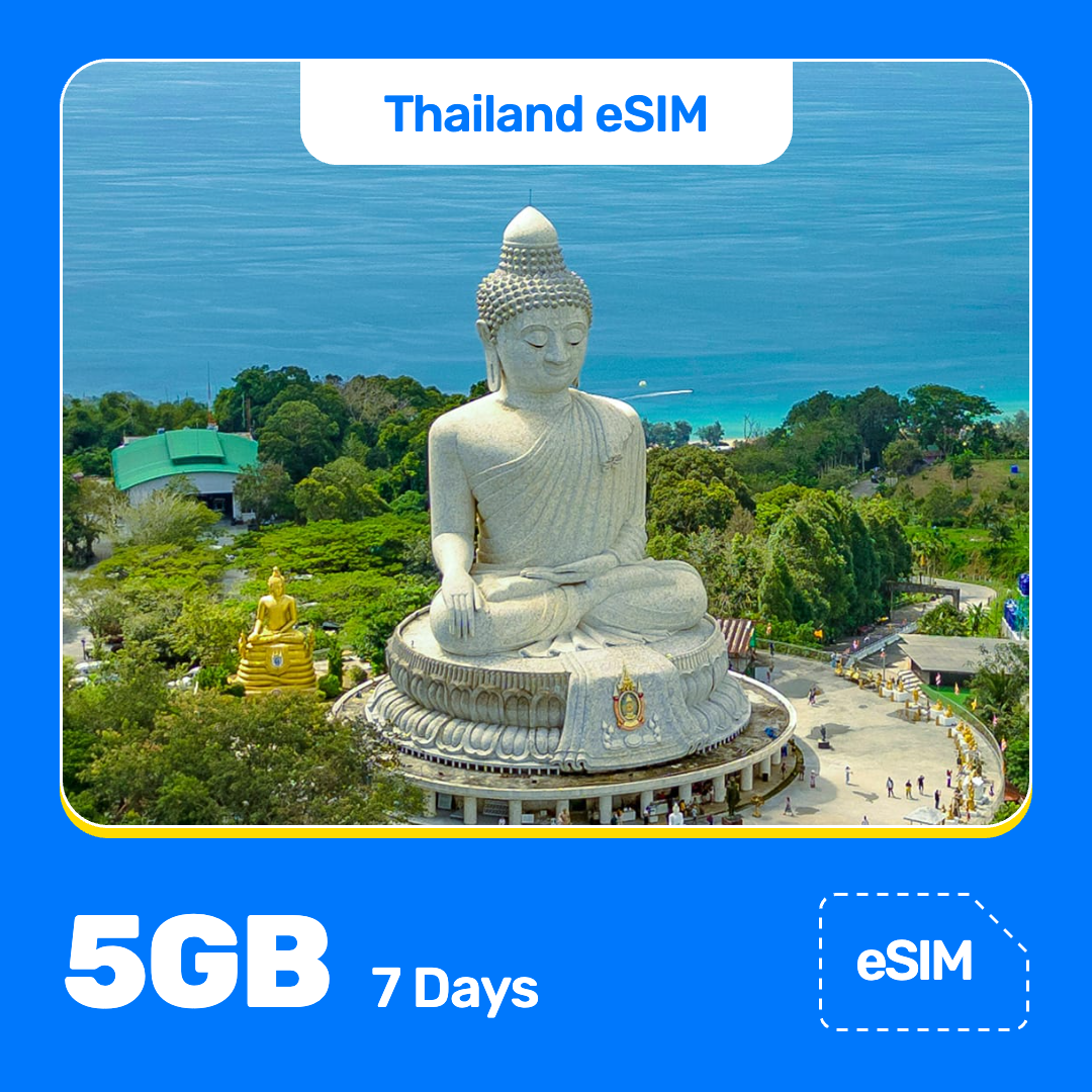 Thailand eSIM product banner featuring the Big Buddha in Phuket sits on a hilltop beside a smaller golden statue, with green trees around it and the blue sea behind. Blue “Thailand eSIM” text appears at the top, with large white “5GB for 7 Days” text at the bottom left and an “eSIM” label at the bottom right.
