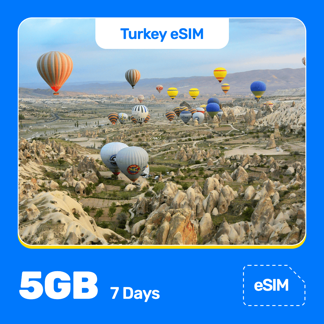Turkey eSIM product banner featuring a colorful hot-air balloons float over the rocky landscape of Cappadocia, Turkey, under a bright sky, with hills stretching into the distance. Blue “Turkey eSIM” text appears at the top, with large white “5GB for 7 Days” text at the bottom left and an “eSIM” label at the bottom right.