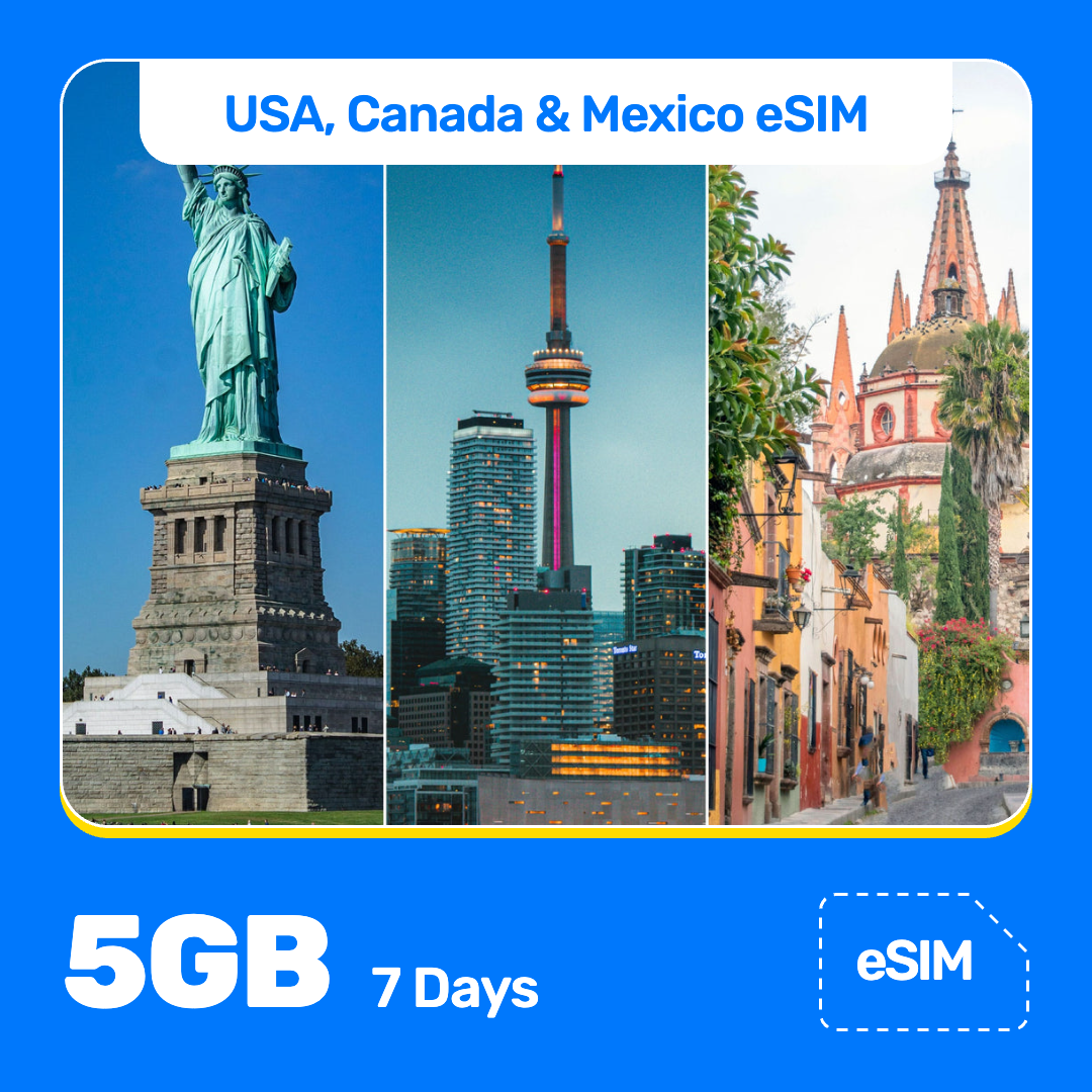 USA, Canada & Mexico eSIM product banner featuring a three-photo collage of the Statue of Liberty in New York, the CN Tower in Toronto, and a colorful street with a church in Mexico. Blue “USA, Canada & Mexico eSIM” text appears at the top, with large white “5GB for 7 Days” text at the bottom left and an “eSIM” label at the bottom right.