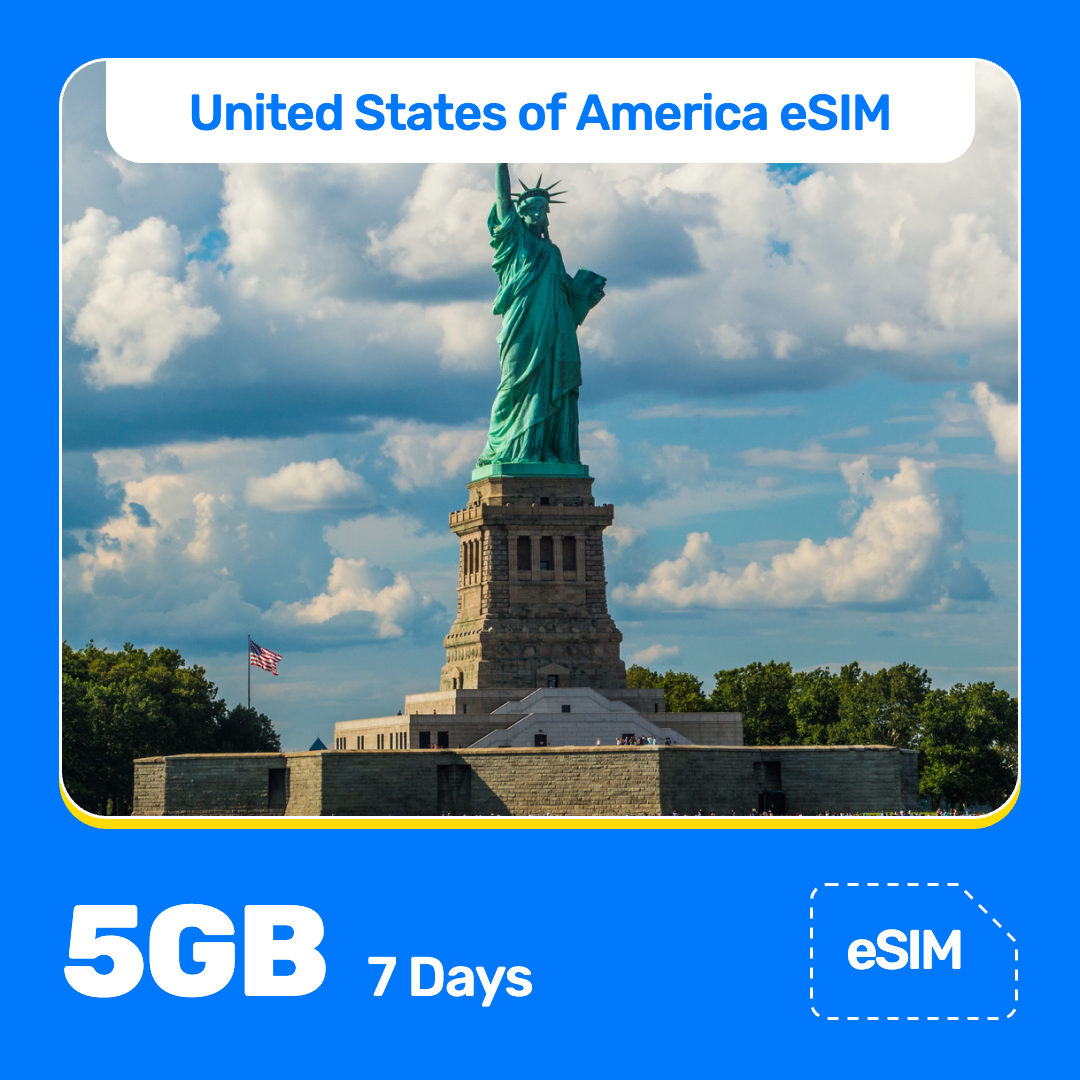 USA eSIM product banner featuring the Statue of Liberty on an island in New York Harbor on a sunny day, with visitors along the shore, and American flag nearby. Blue “USA eSIM” text appears at the top, with large white “5GB for 7 Days” text at the bottom left and an “eSIM” label at the bottom right.