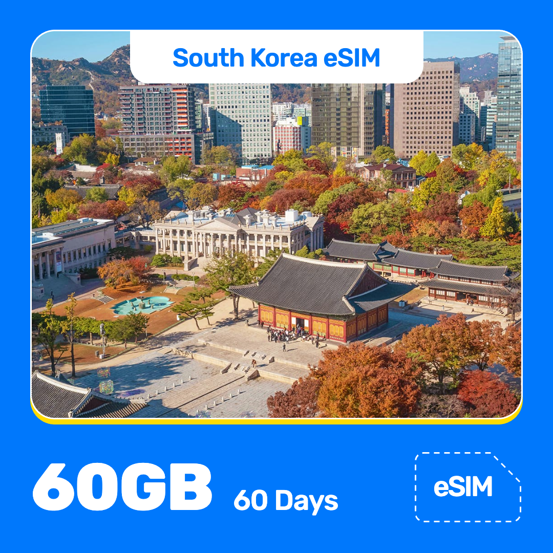 South Korea eSIM product banner featuring the aerial view of Deoksugung Palace and Seoul City Hall in autumn, ringed by colorful fall leaves and modern city buildings. Blue “South Korea eSIM” text appears at the top, with large white “60GB for 60 Days” text at the bottom left and an “eSIM” label at the bottom right.