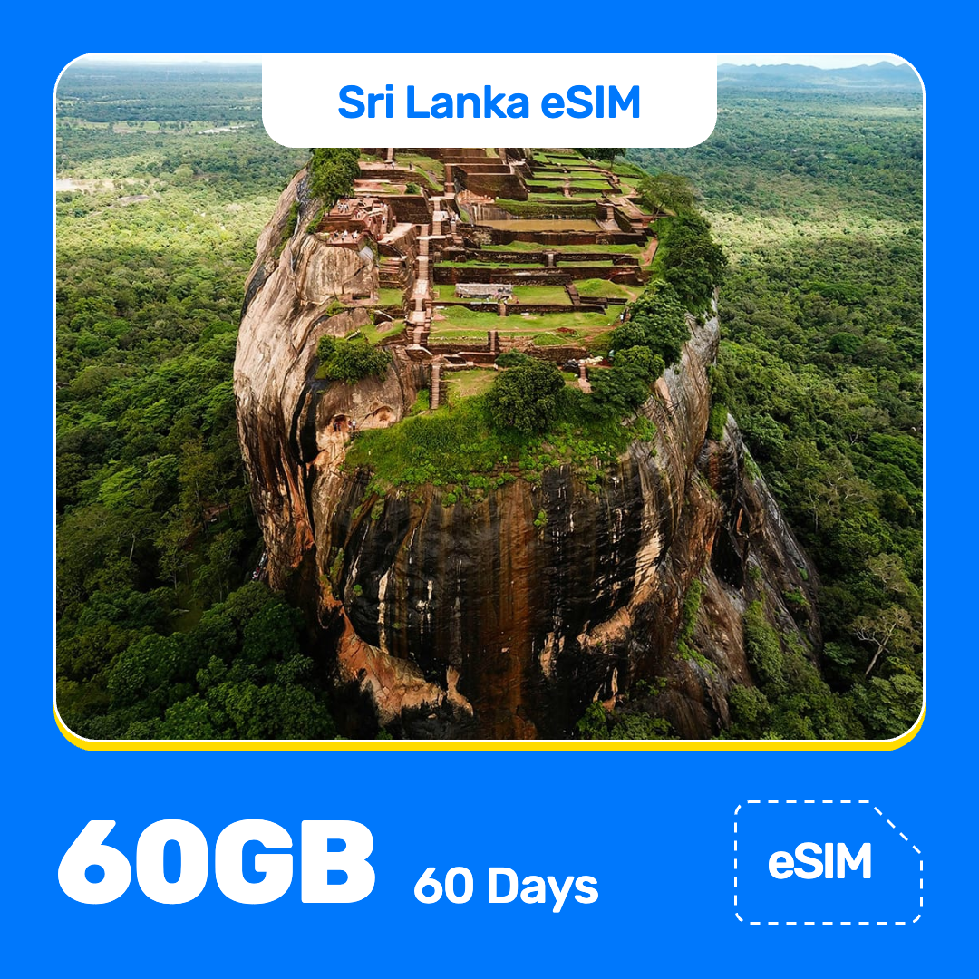 Sri Lanka eSIM product banner featuring Sigiriya Lion Rock, an ancient rock fortress with terraces, walls, and stairways, rises above green jungle. Blue “Sri Lanka eSIM” text appears at the top, with large white “60GB for 60 Days” text at the bottom left and an “eSIM” label at the bottom right.