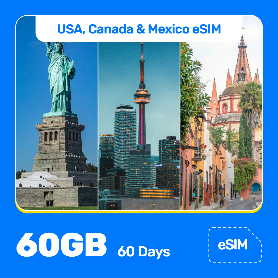 USA, Canada & Mexico eSIM product banner featuring a three-photo collage of the Statue of Liberty in New York, the CN Tower in Toronto, and a colorful street with a church in Mexico. Blue “USA, Canada & Mexico eSIM” text appears at the top, with large white “60GB for 60 Days” text at the bottom left and an “eSIM” label at the bottom right.
