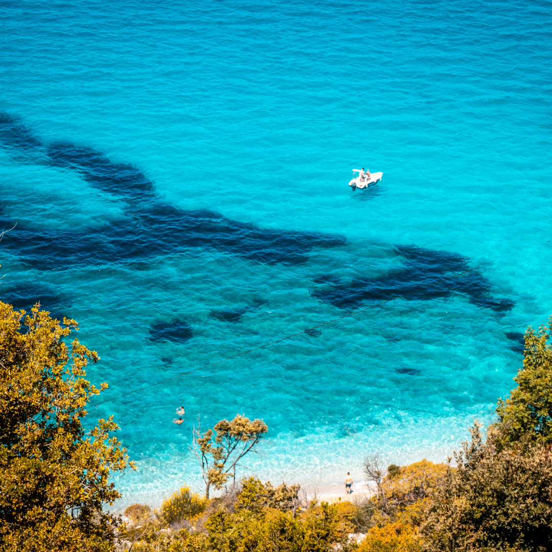 Aerial view of a clear turquoise ocean with a small white boat near the center, a sandy shoreline at the bottom, and green trees framing the scene.