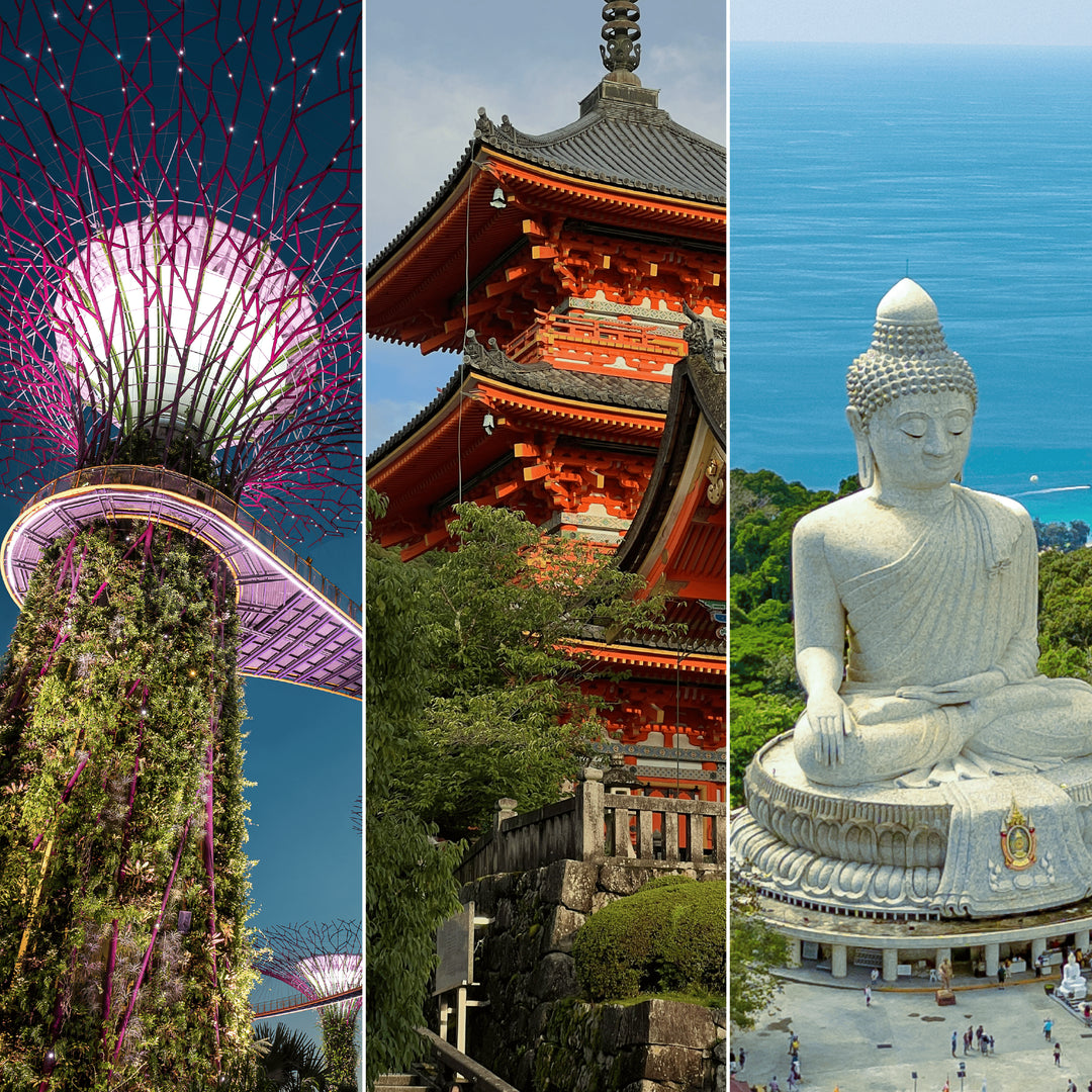 A three-panel travel collage shows Singapore’s Gardens by the Bay, a traditional Japanese temple, and a large seated Buddha statue in Thailand, overlooking the sea.