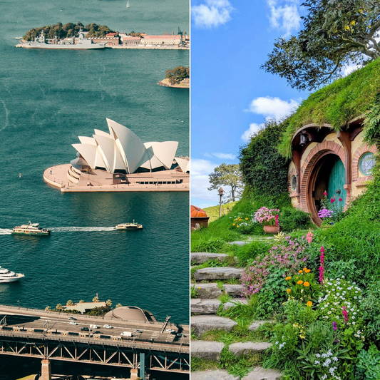 A split image shows the Sydney Opera House beside the harbor on the left and a hobbit-hole doorway, nestled in a grassy hillside and surrounded by flowers, on the right.
