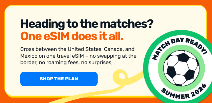 Promotional banner for eSIM service with text and soccer ball graphic, featuring 'Match Day Ready! Summer 2026' theme.
