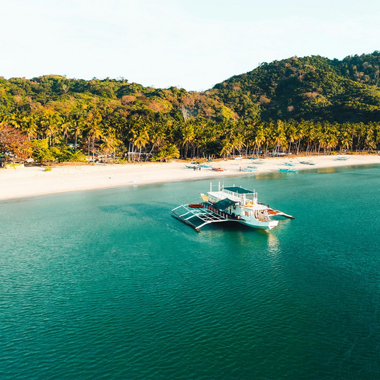 A tropical island in the Philippines, with a white outrigger boat floating in turquoise water beside a sandy, palm-lined beach backed by green hills.