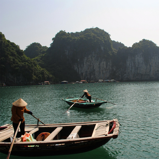 Two people wearing conical hats row wooden boats on a serene green lake, surrounded by lush limestone cliffs under a bright sky.