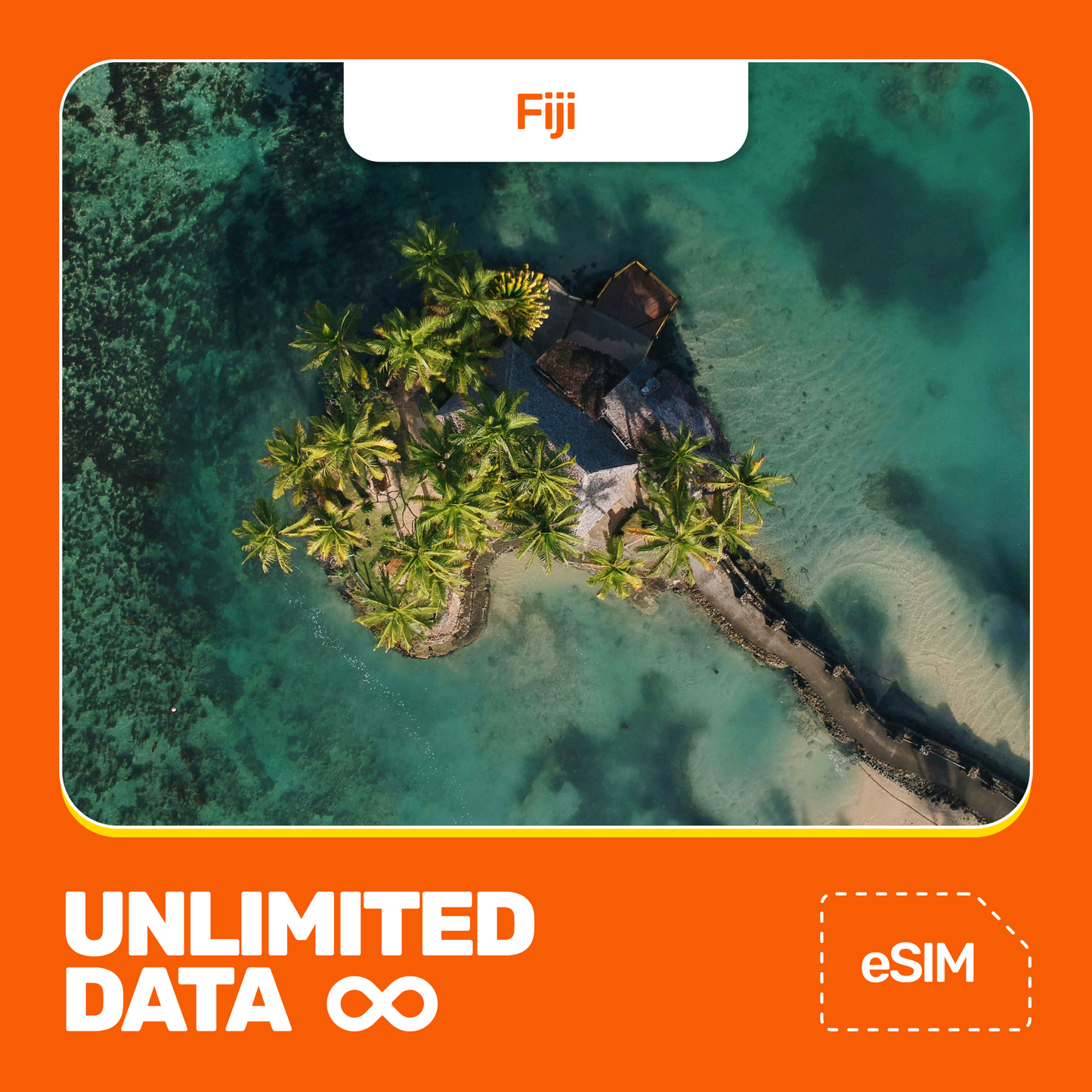 Fiji eSIM advertisement with a aerial view of a Fiji resort surrounded by clear blue ocean.
