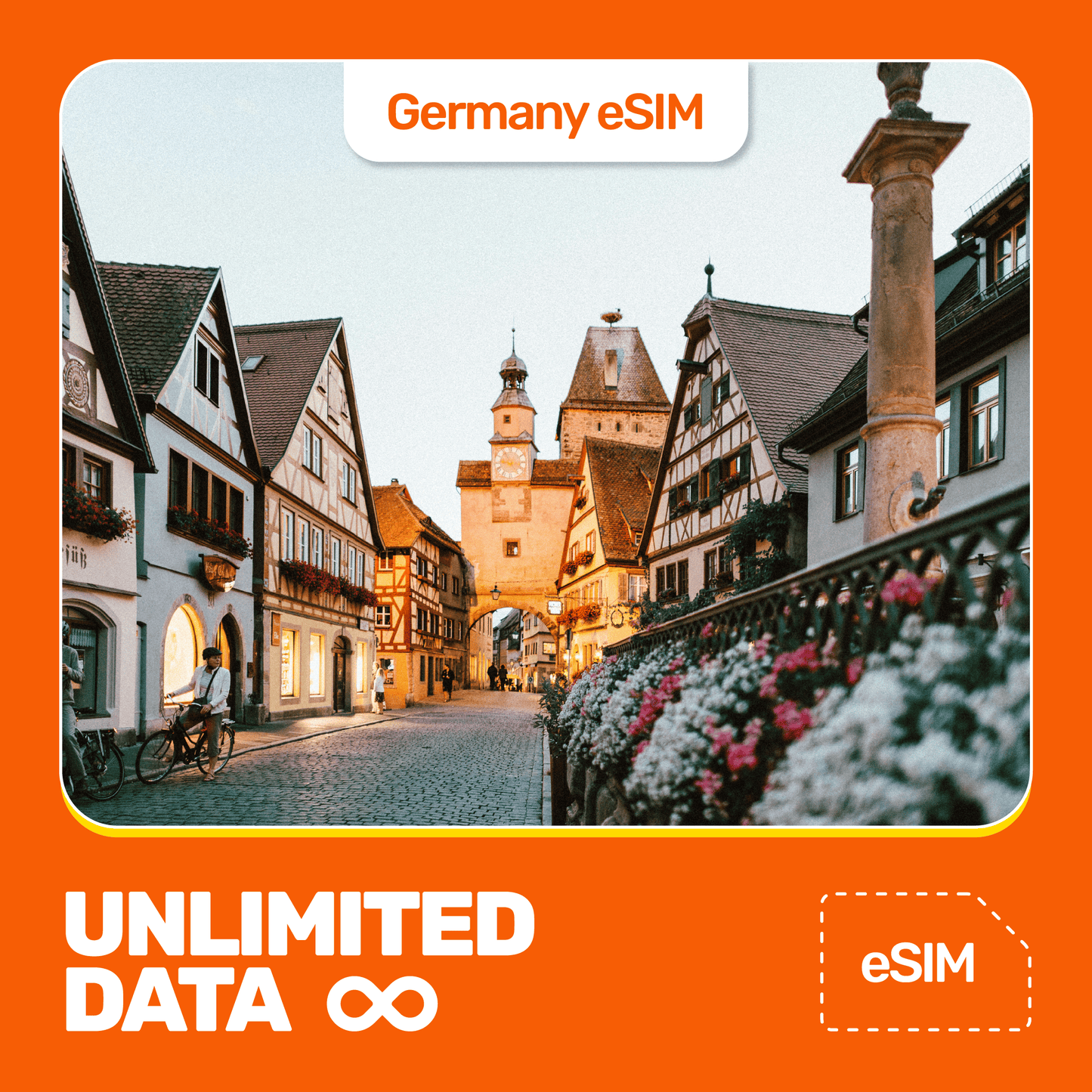 Cobbled street in a quaint German town with historic buildings and a clock tower. Texts are Germany eSIM and Unlimited Data. 