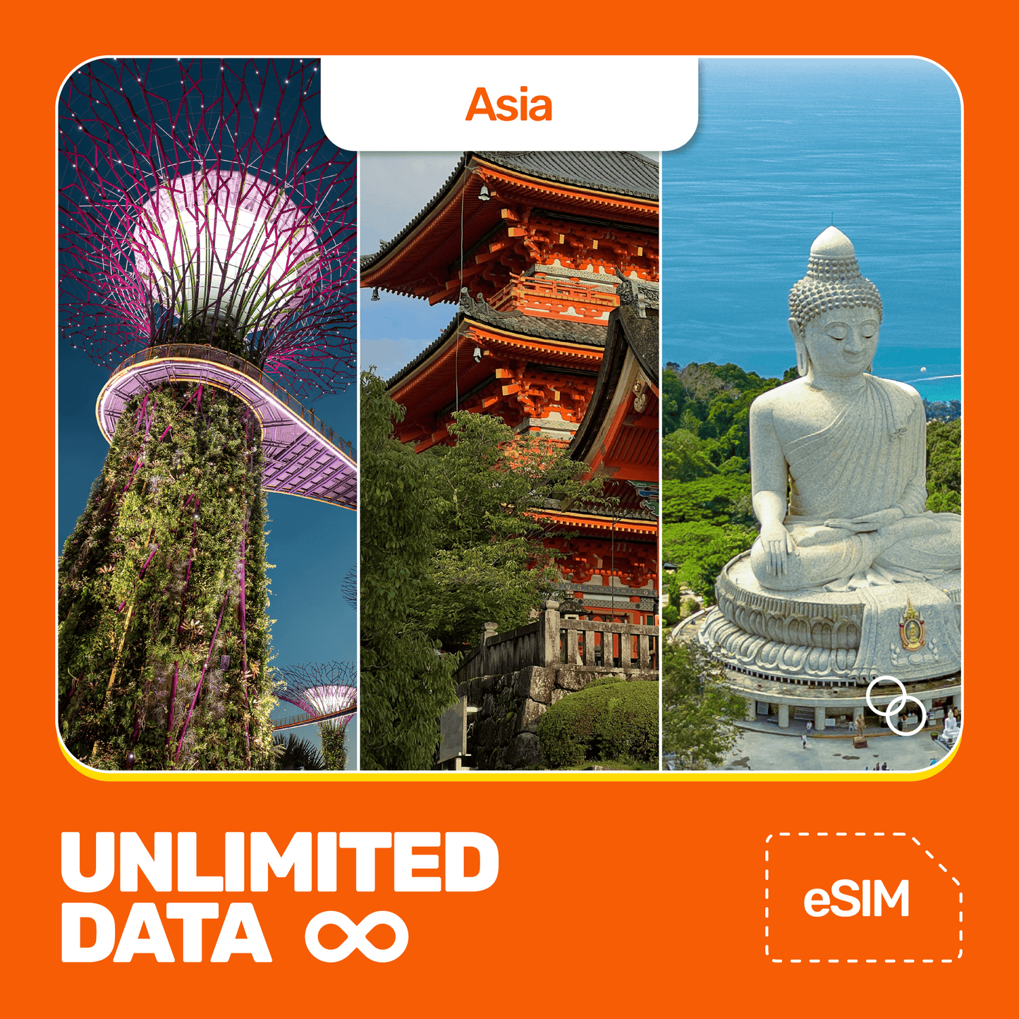 Promotional image featuring a landmarks across Asia indicating unlimited data eSIM service in the region. 
