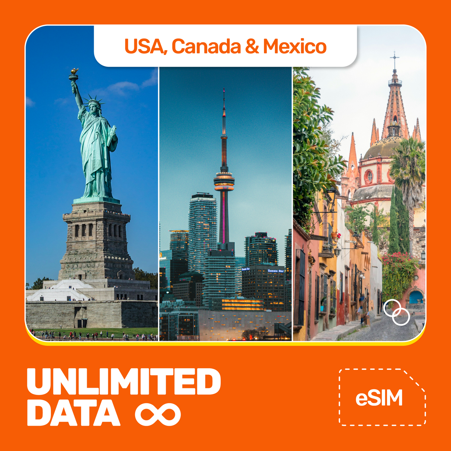 Promotional image featuring the Statue of Liberty, CN Tower, and San Miguel with text overlay that includes the product name, the eSIM option, and the areas of coverage: USA, Canada, and Mexico, with an emphasis on unlimited data.