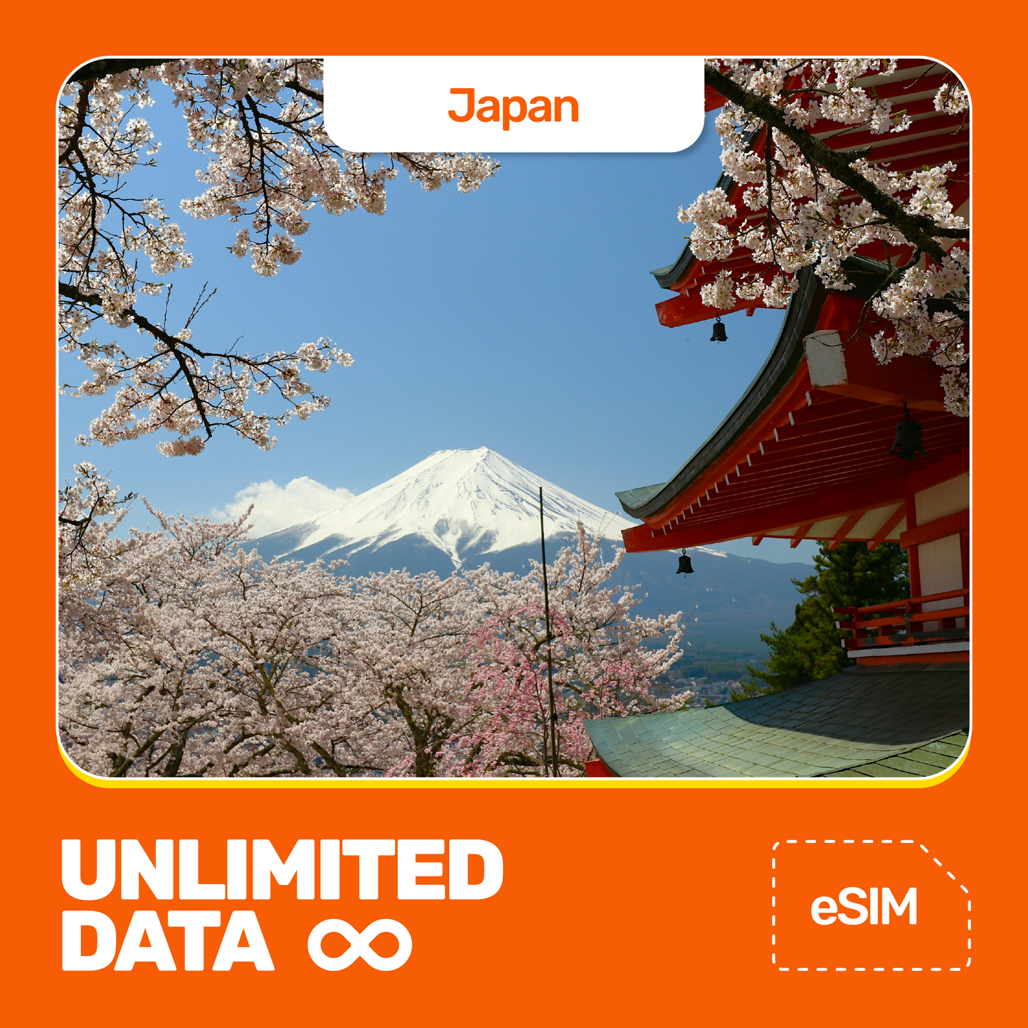 Promotional image for Japan eSIM featuring a Japan cherry blossoms and Mt. Fuji in the background, indicating unlimited data for Japan network coverage.