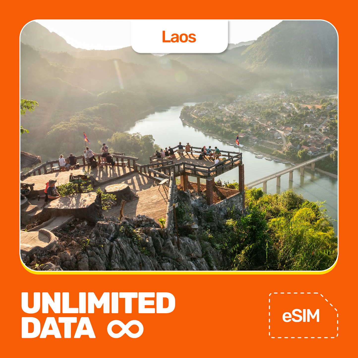 A panoramic viewpoint above a river valley in northern Laos bathed in golden haze, with the text Unlimited Data and eSIM on an orange background.