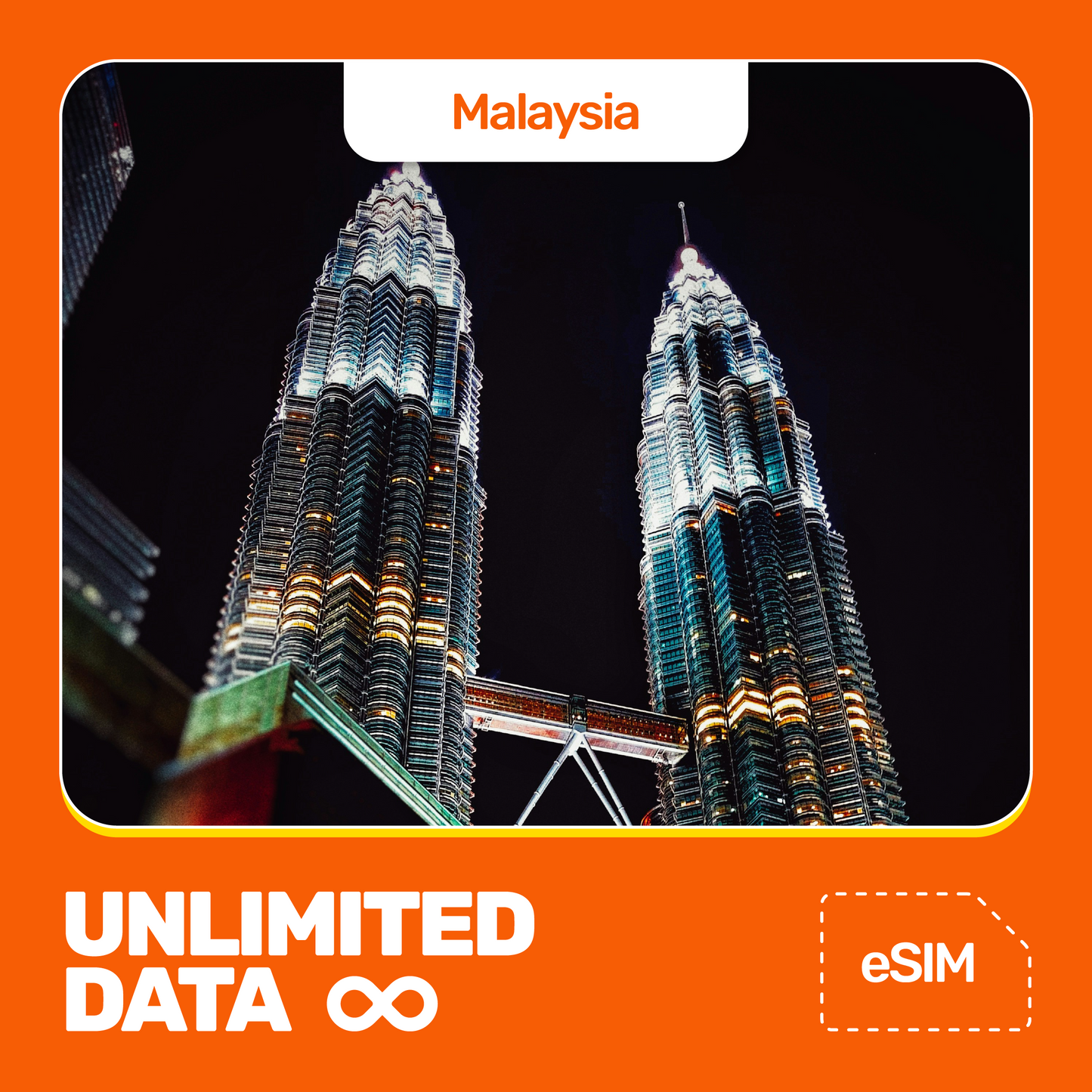 An eSIM product image featuring the Petronas Twin Towers in Kuala Lumpur, Malaysia, indicating unlimited data service.