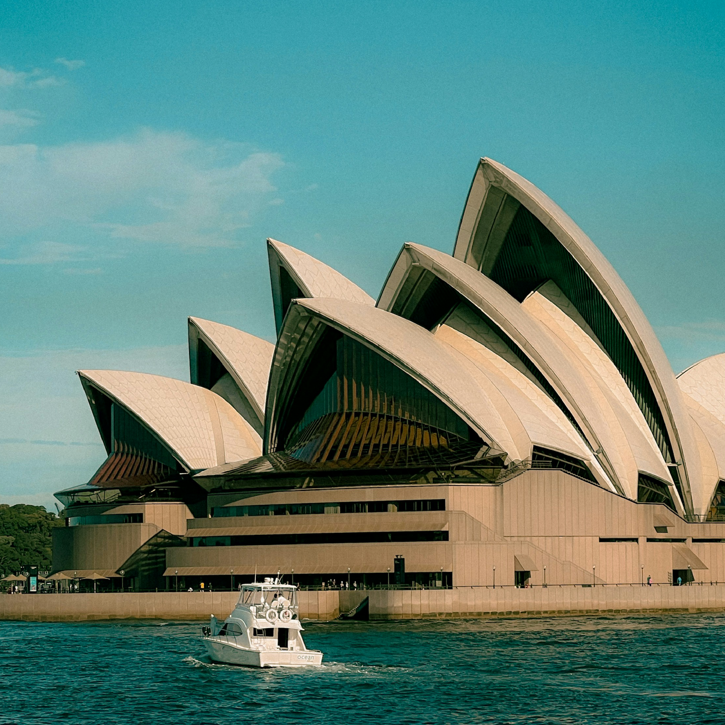 The Sydney Opera House with its distinctive white shell-like roofs rises against a bright blue sky, with a small white boat cruising across the turquoise waters of Sydney Harbour in the foreground.