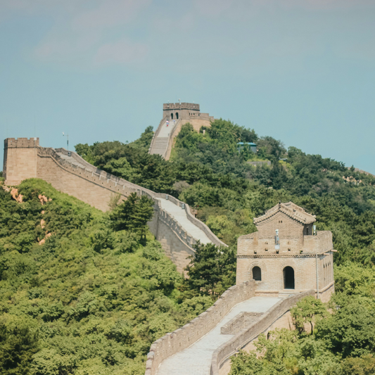 The Great Wall of China winds across forested mountain ridges, featuring stone watchtowers and crenellated ramparts under a pale blue sky.
