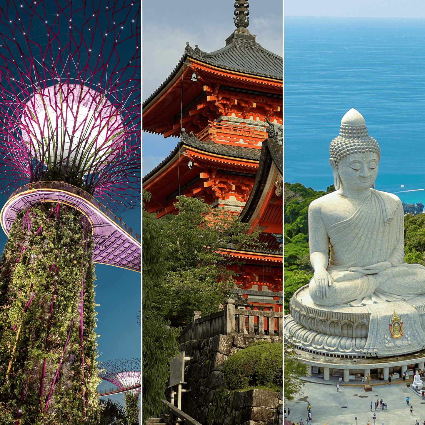 Image split three ways showcasing landmarks in Asia across Singapore, Japan & Thailamd