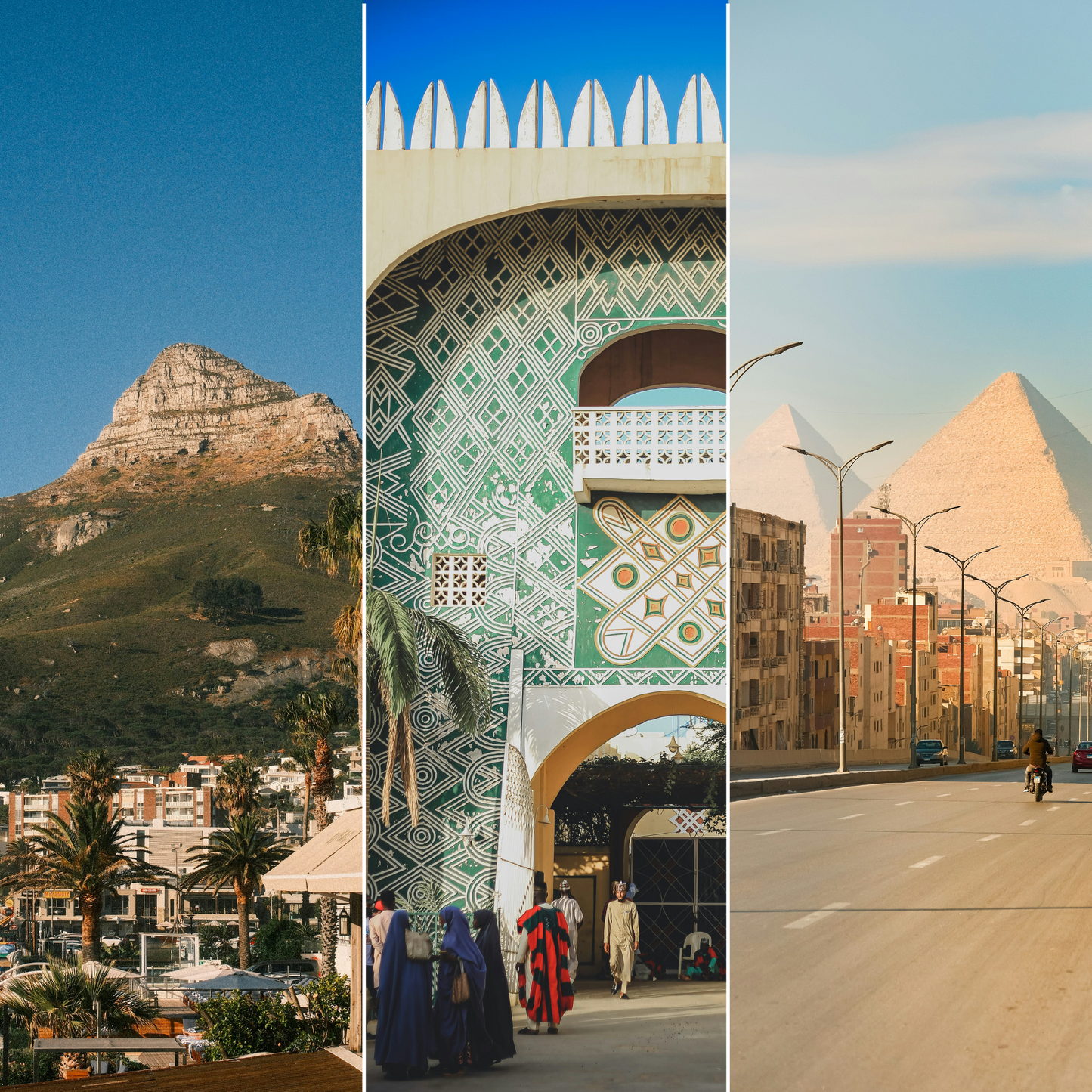 A triptych showcasing three African destinations: Cape Town's Lion's Head mountain rising above palm-lined buildings under clear blue skies, a vibrantly patterned green and white Moorish-style archway with people in traditional clothing walking beneath it, and the golden pyramids of Giza looming behind a sunlit street lined with buildings and street lamps.