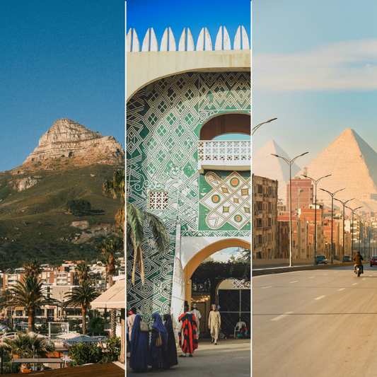 A triptych showcasing three African destinations: Cape Town's Lion's Head mountain rising above palm-lined buildings under clear blue skies, a vibrantly patterned green and white Moorish-style archway with people in traditional clothing walking beneath it, and the golden pyramids of Giza looming behind a sunlit street lined with buildings and street lamps.