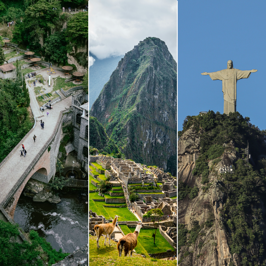 A triptych showcasing three iconic South American landmarks: the Santuario de Las Lajas bridge and basilica spanning a river gorge in Colombia, Machu Picchu with its ancient Inca stone terraces and two llamas in the foreground set against a towering green mountain peak in Peru, and the Christ the Redeemer statue with outstretched arms atop Corcovado mountain surrounded by lush forest in Rio de Janeiro, Brazil.