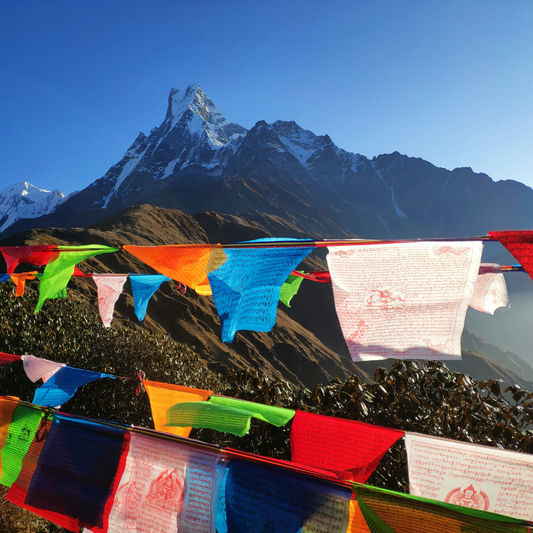 Colourful Tibetan Buddhist prayer flags flutter in the foreground against a clear blue sky, with the jagged snow-dusted peak of Machapuchare (Fishtail Mountain) rising sharply in the background.