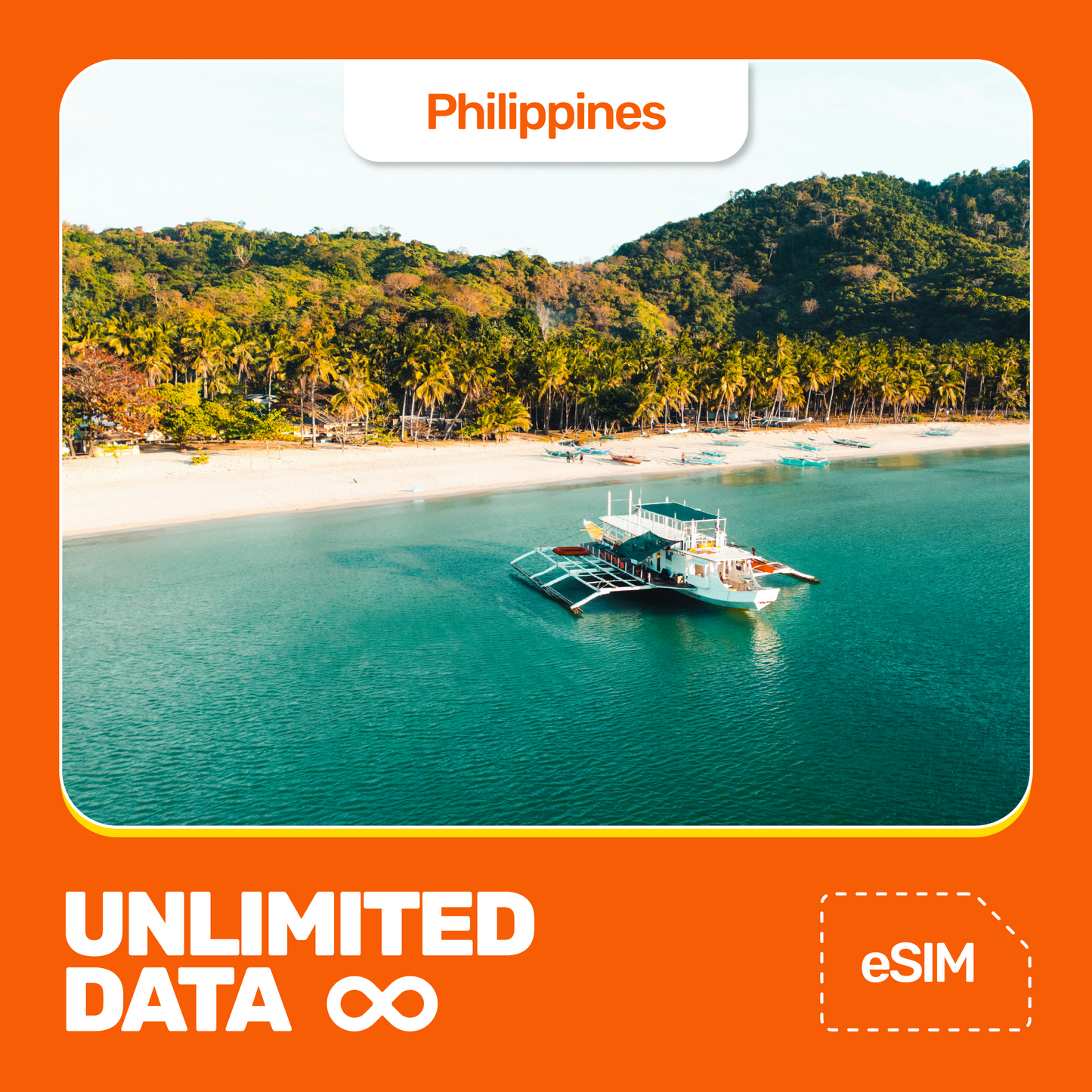 Promotional image for Philippines eSIM with an unlimited data offer, featuring a scenic view of a tropical beach.