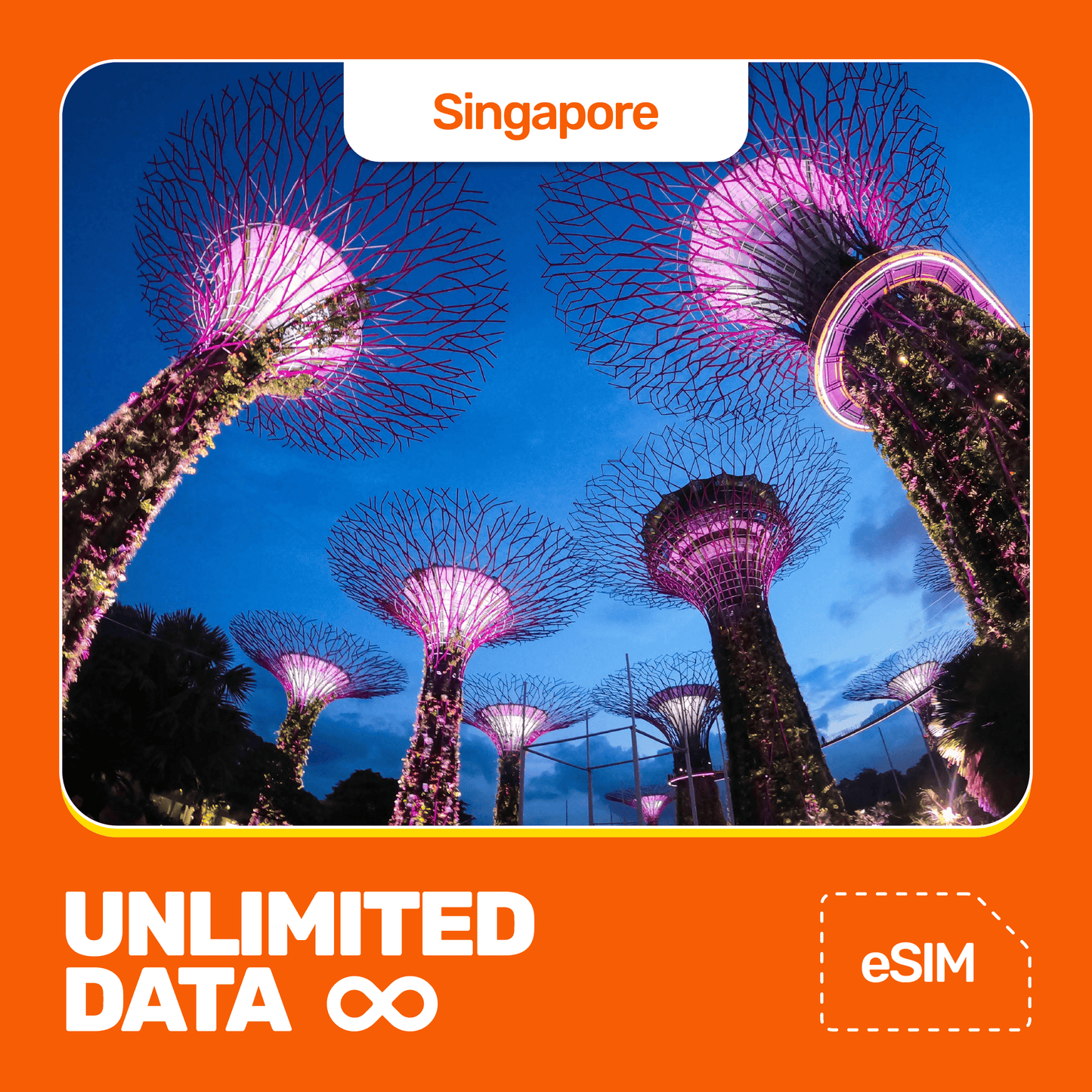 Promotional image featuring Supertree Grove in Singapore with a prominent eSIM offer text overlay, indicating unlimited data.