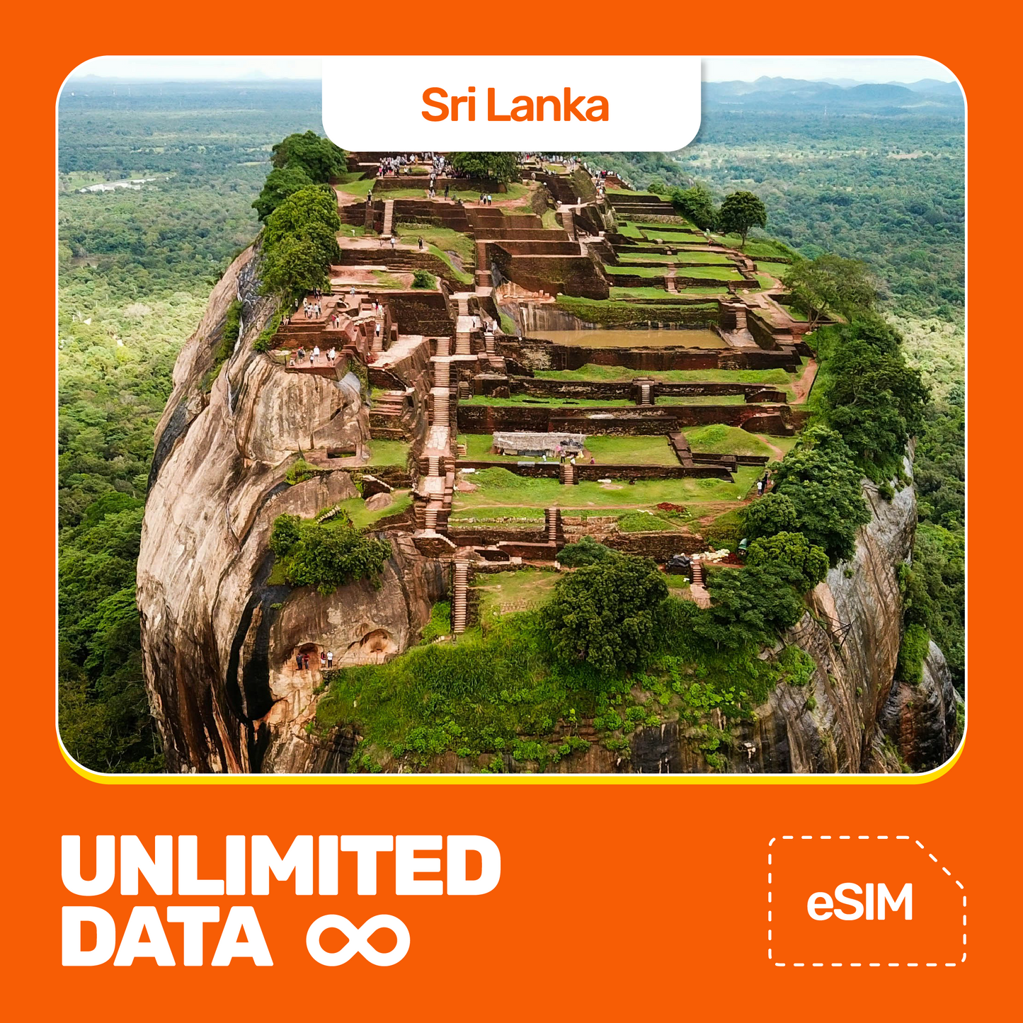 Promotional image featuring Sigiriya Rock Fortress with the text 'Sri Lanka eSIM' and 'Unlimited Data' alongside the eSIM logo.