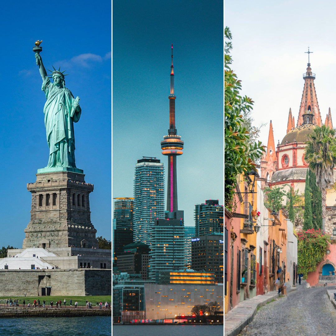 A three-panel collage shows the Statue of Liberty in New York, the CN Tower in Toronto, and a colorful street with a church in Mexico.