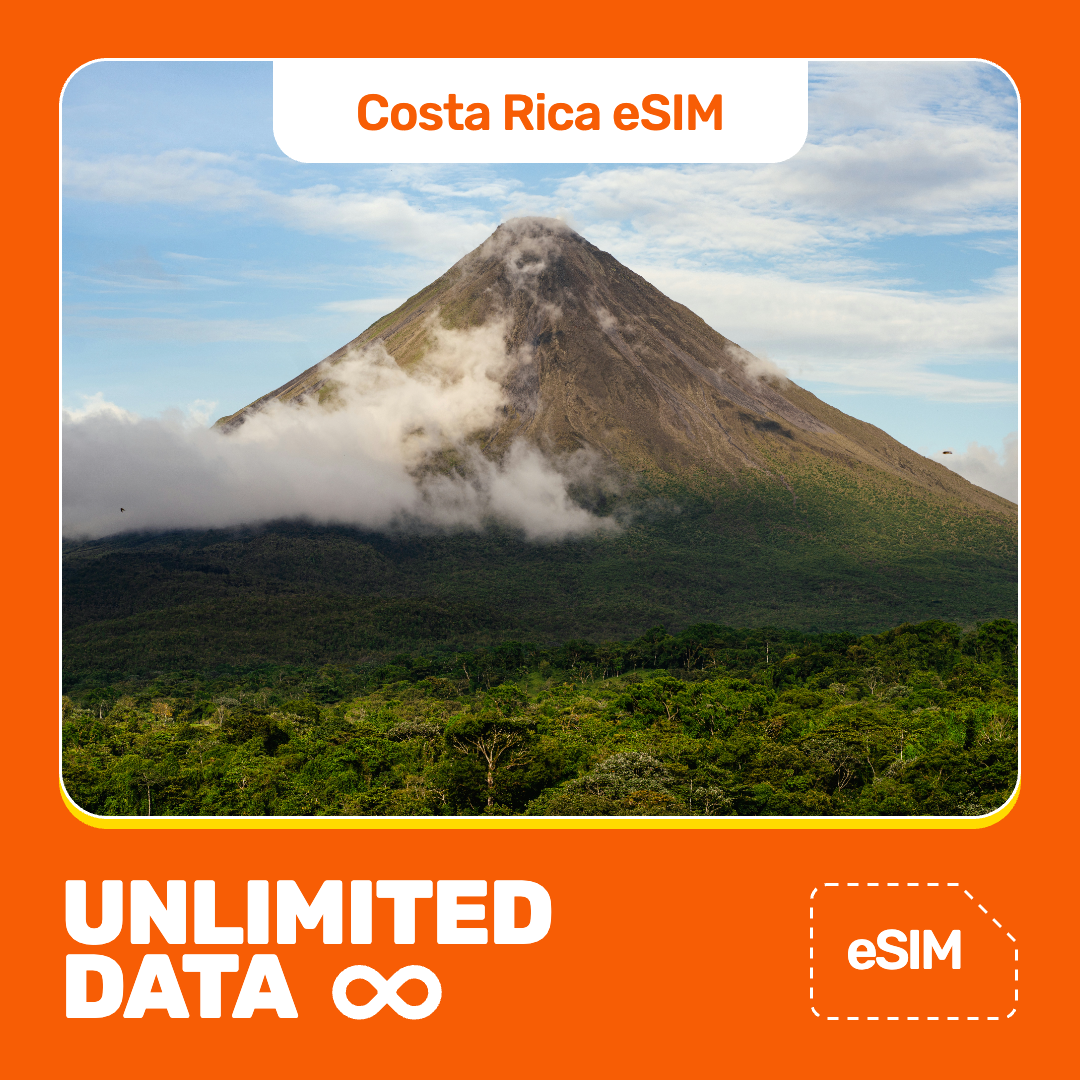 Promotional graphic for a Costa Rica eSIM travel plan, featuring a scenic photo of the Arenal Volcano with clouds and green forest under a blue sky. The graphic has a bright orange border with white and orange text reading 'Costa Rica eSIM' and 'UNLIMITED DATA' with an infinity symbol, plus an 'eSIM' label.